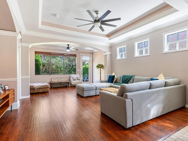 living room featuring ornate columns, plenty of natural light, and dark hardwood / wood-style floors