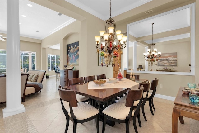 dining area with light tile patterned floors, an inviting chandelier, and ornamental molding