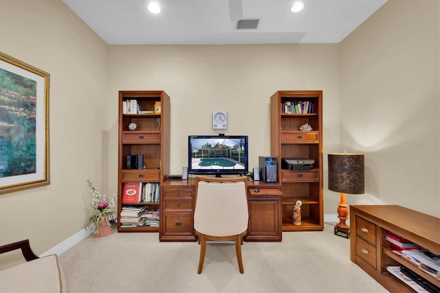 home office featuring light carpet