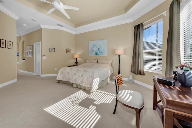 bedroom with light carpet, ceiling fan, and ornamental molding