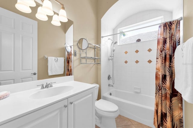 full bathroom featuring tile patterned floors, shower / bath combination with curtain, toilet, and vanity