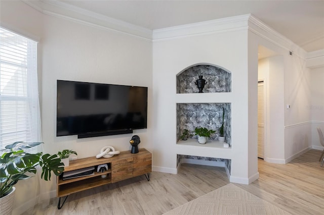 living room featuring ornamental molding and light hardwood / wood-style flooring