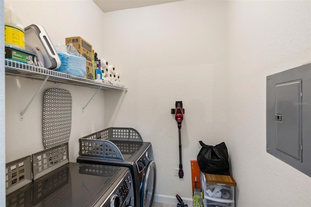 laundry area featuring electric panel and washing machine and dryer