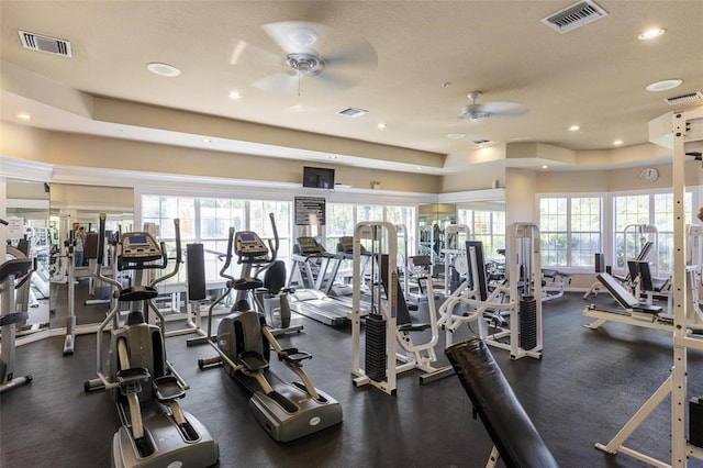 workout area featuring ceiling fan