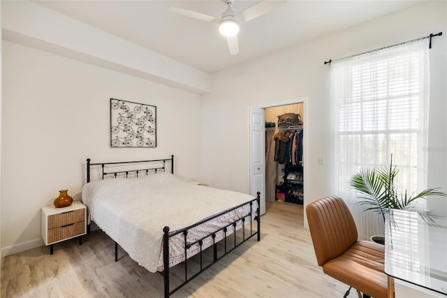 bedroom with ceiling fan, light wood-type flooring, a spacious closet, and a closet