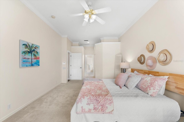 carpeted bedroom featuring ceiling fan and ornamental molding