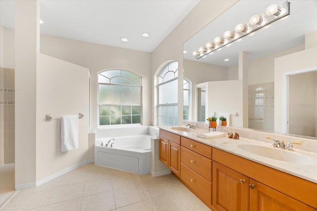 bathroom featuring vanity, tile patterned floors, and independent shower and bath