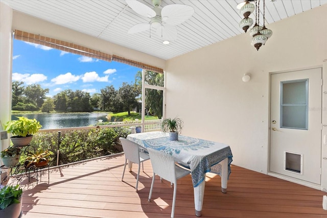 deck featuring a water view and ceiling fan