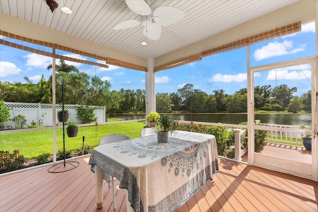 sunroom / solarium with ceiling fan and a water view