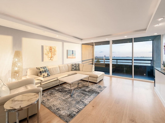 living room featuring a water view, light hardwood / wood-style floors, a tray ceiling, and a wall of windows