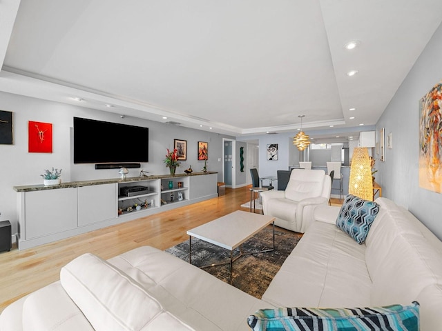 living room with a tray ceiling and wood-type flooring