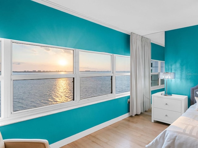 bedroom with a water view and light hardwood / wood-style floors