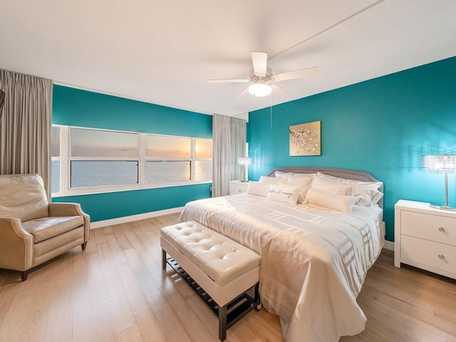 bedroom featuring ceiling fan and light hardwood / wood-style flooring