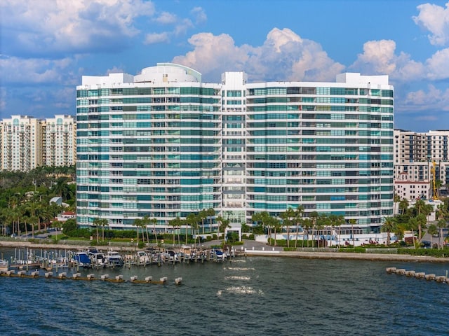 view of building exterior featuring a water view