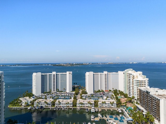 bird's eye view with a water view