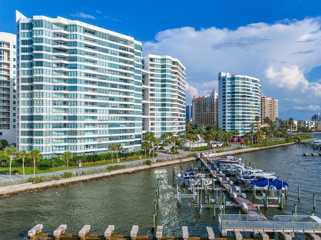 view of water feature with a view of city and a boat dock