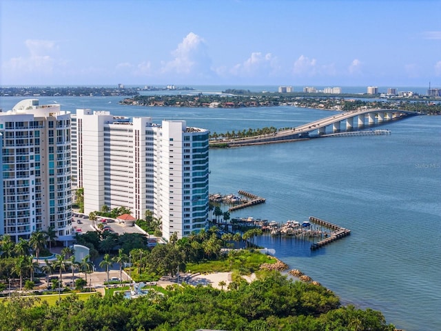 drone / aerial view featuring a view of city and a water view