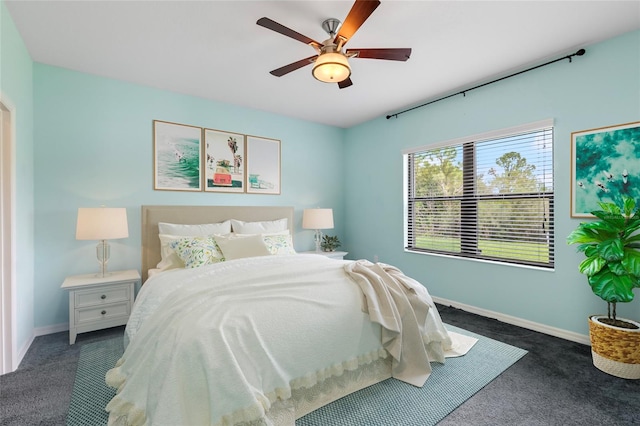 bedroom with dark colored carpet and ceiling fan