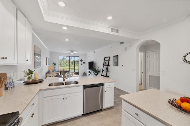 kitchen featuring crown molding, white cabinets, stainless steel dishwasher, and sink