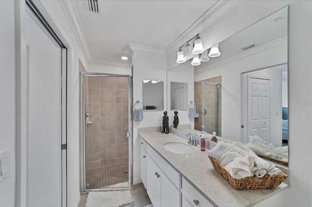 bathroom with vanity, walk in shower, ornamental molding, and hardwood / wood-style floors