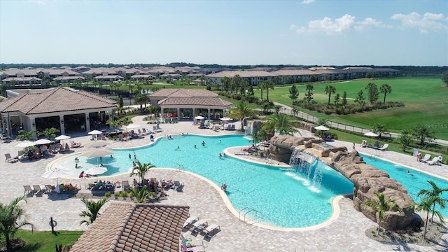 view of swimming pool with a gazebo, pool water feature, and a patio area