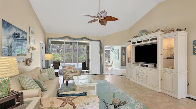 tiled living room with high vaulted ceiling and ceiling fan