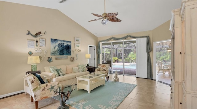 tiled living room featuring ceiling fan and high vaulted ceiling