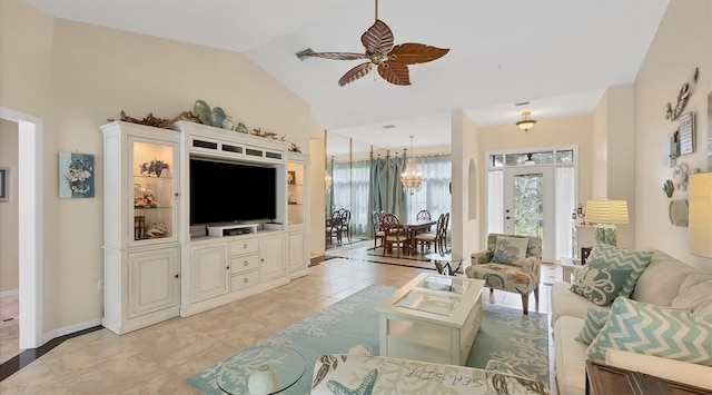 living room featuring vaulted ceiling, ceiling fan with notable chandelier, and light tile patterned floors