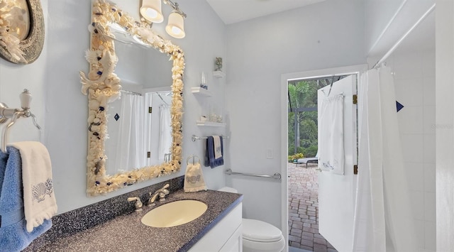 bathroom with vanity, walk in shower, and toilet