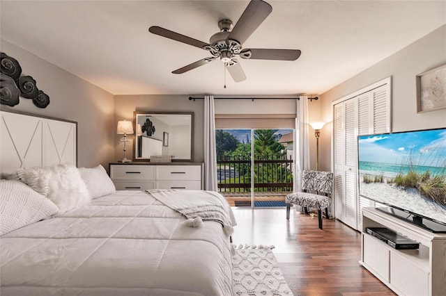 bedroom with access to exterior, ceiling fan, a closet, and dark hardwood / wood-style floors