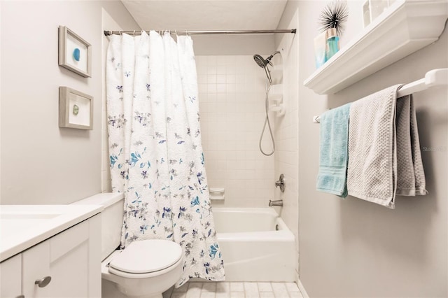 full bathroom featuring shower / bathtub combination with curtain, vanity, and toilet