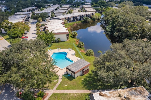 birds eye view of property featuring a water view