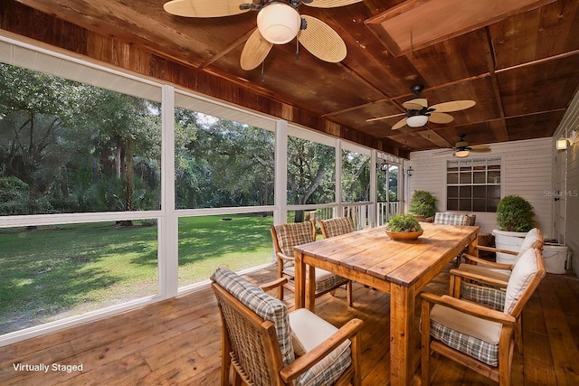 sunroom featuring ceiling fan and wood ceiling