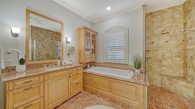 full bath featuring crown molding, a walk in shower, vanity, recessed lighting, and a garden tub