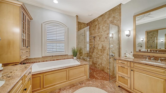 bathroom featuring vanity, separate shower and tub, ornamental molding, and ceiling fan