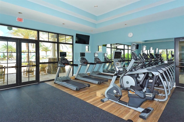 exercise room featuring french doors and wood finished floors