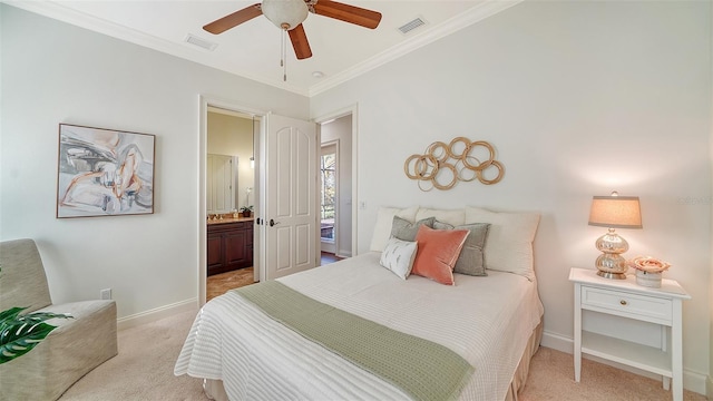 bedroom with crown molding, baseboards, light colored carpet, and visible vents
