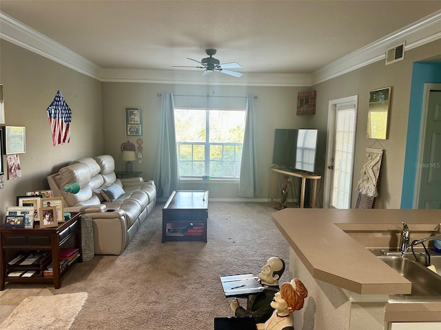 carpeted living room with ceiling fan, crown molding, and sink