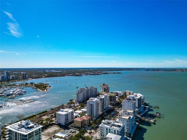 226 Golden Gate Pt Unit 64, Sarasota, FL 34236 - birds eye view of property featuring a city view and a water view