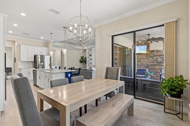 dining area with recessed lighting, ceiling fan with notable chandelier, visible vents, and ornamental molding