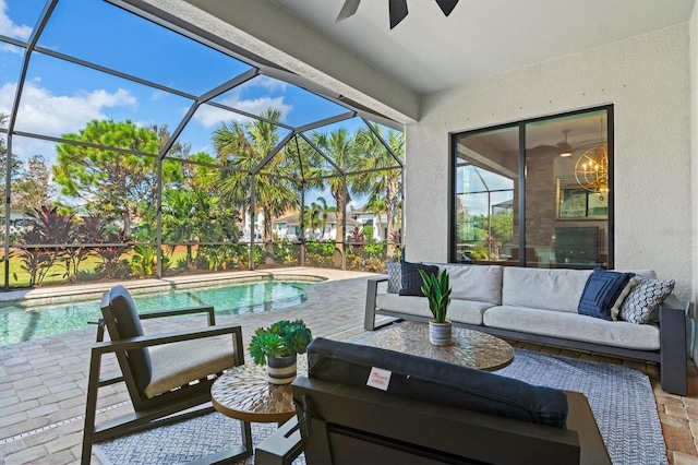 view of patio / terrace featuring outdoor lounge area, a lanai, and an outdoor pool