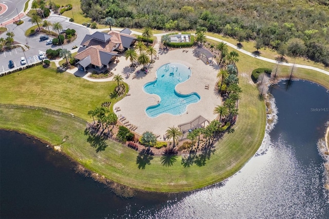 drone / aerial view with a water view