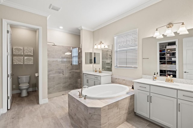 full bathroom featuring two vanities, a sink, ornamental molding, a shower stall, and a bath