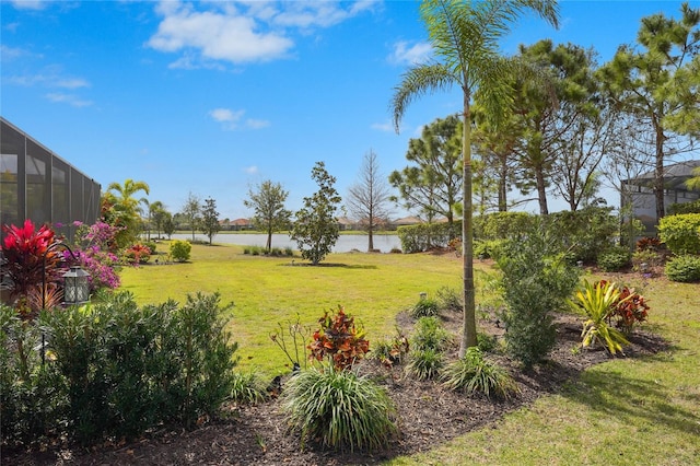 view of yard with a water view