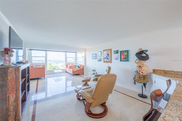 tiled living room with ornamental molding