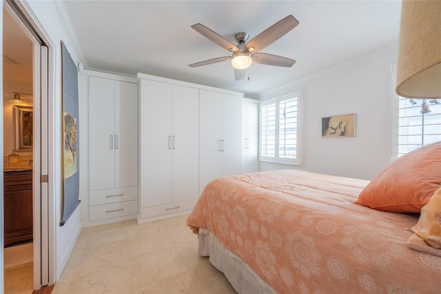 bedroom with crown molding and ceiling fan