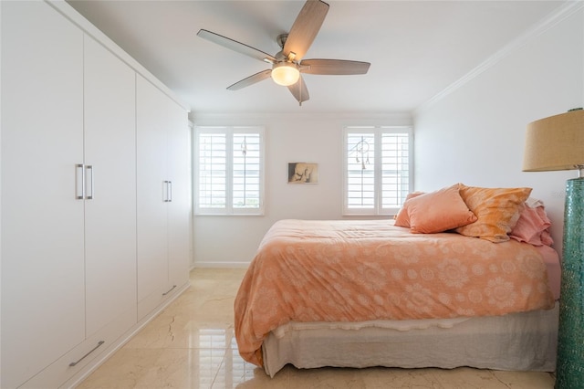 bedroom featuring multiple windows, ornamental molding, and ceiling fan