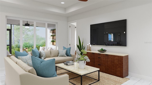 tiled living room featuring ceiling fan