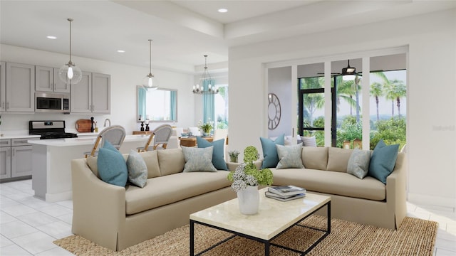 living room featuring an inviting chandelier and light tile patterned floors