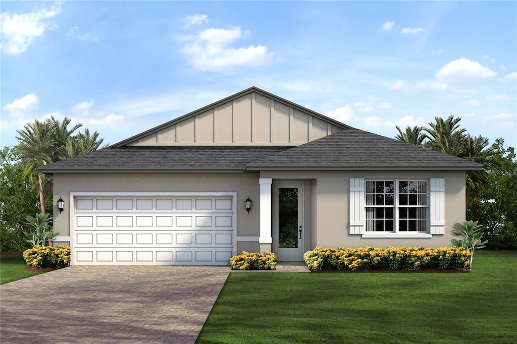 view of front facade with roof with shingles, board and batten siding, decorative driveway, a front lawn, and a garage